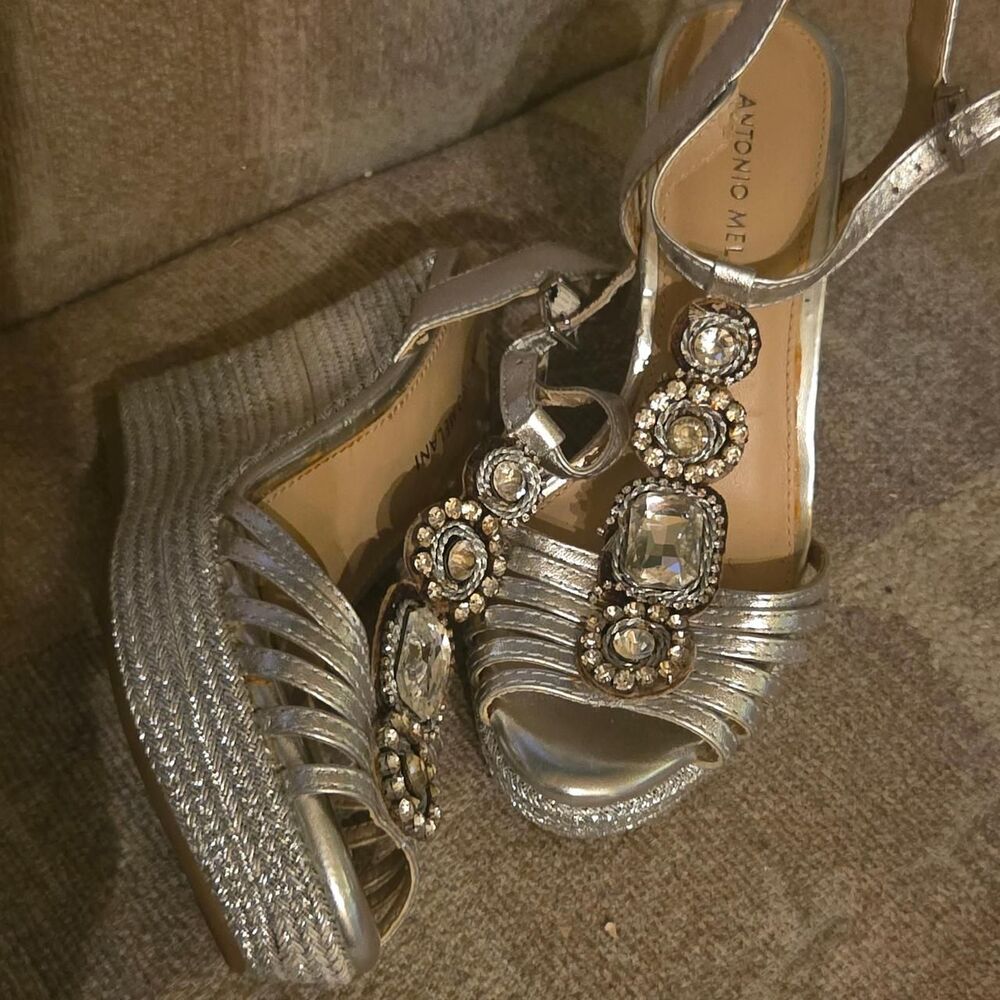 Antonio Melani Silver Gem Wedge Sandals Size 7M bling party wedding